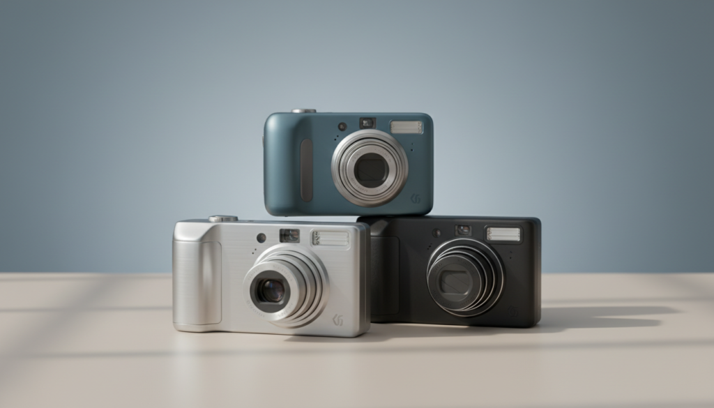 Selection of pre-owned compact digital cameras arranged in a clean studio setting