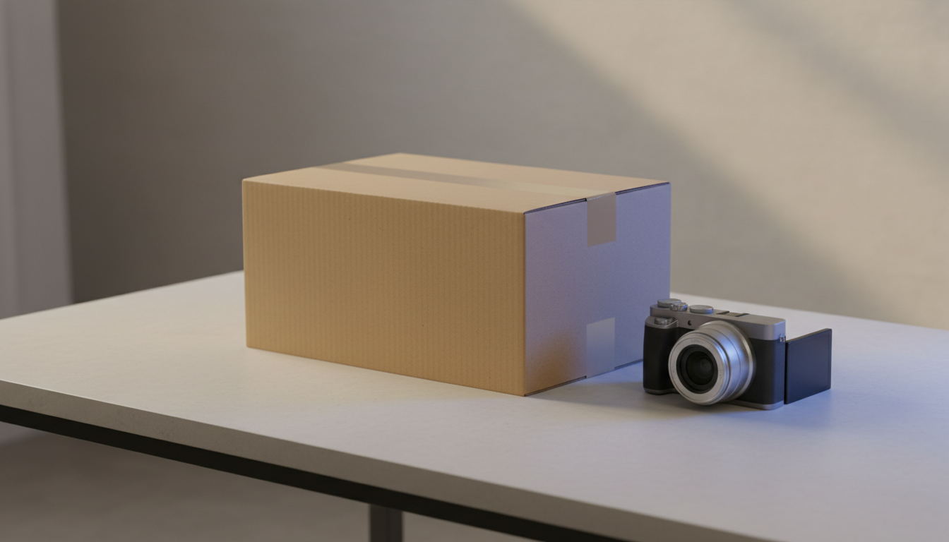 Cardboard shipping parcel next to a digital camera