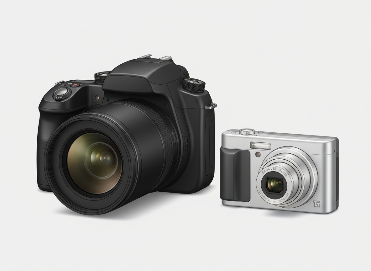 Illustration comparing a larger bridge-style camera with a smaller travel-zoom compact camera