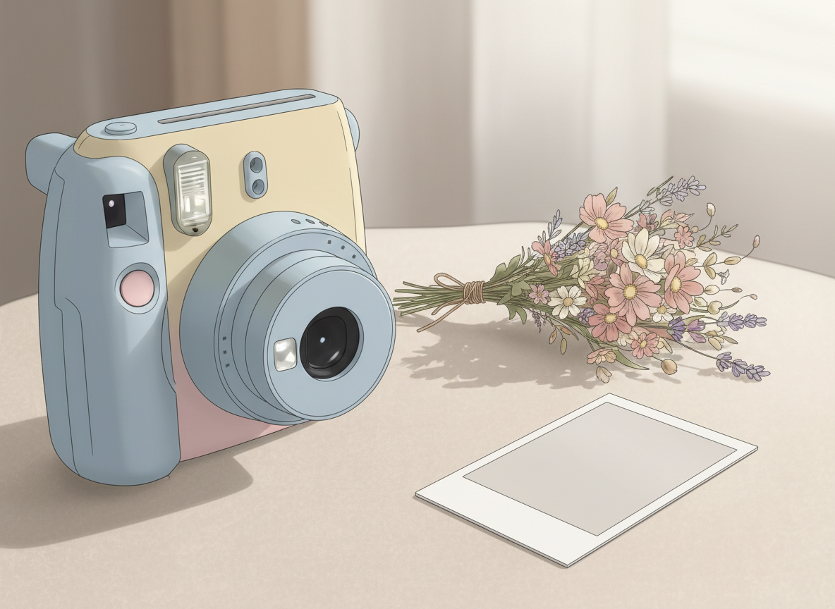 Instant film camera framing a small bouquet at close range