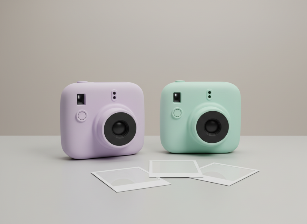 Two pastel instant film cameras with instant prints on a tabletop