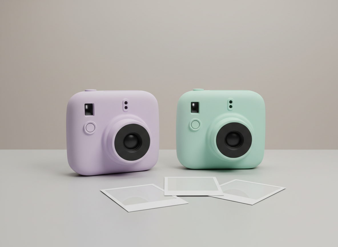 Two pastel instant film cameras with instant prints on a tabletop