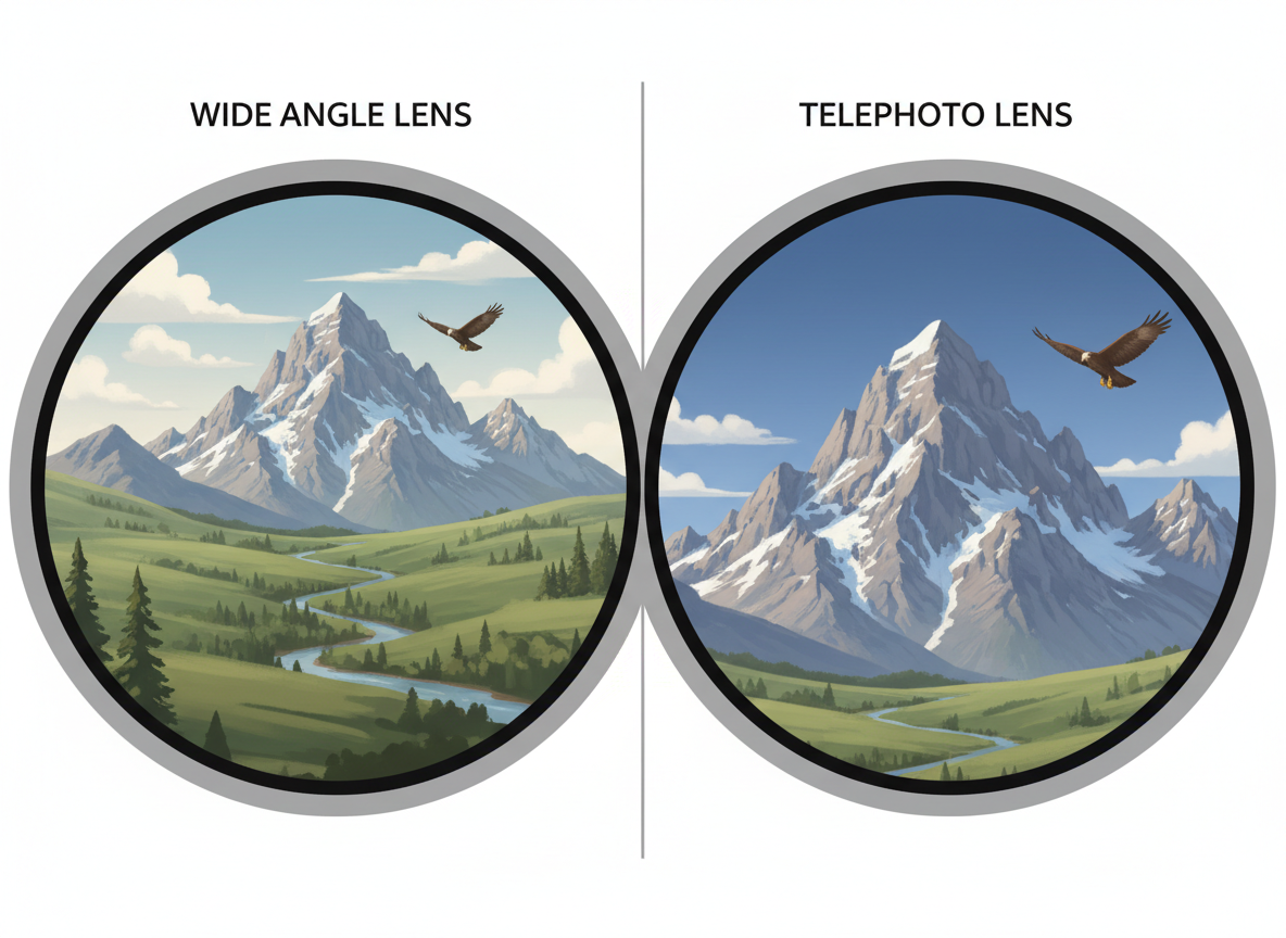 Wide-angle versus telephoto framing of the same distant subject