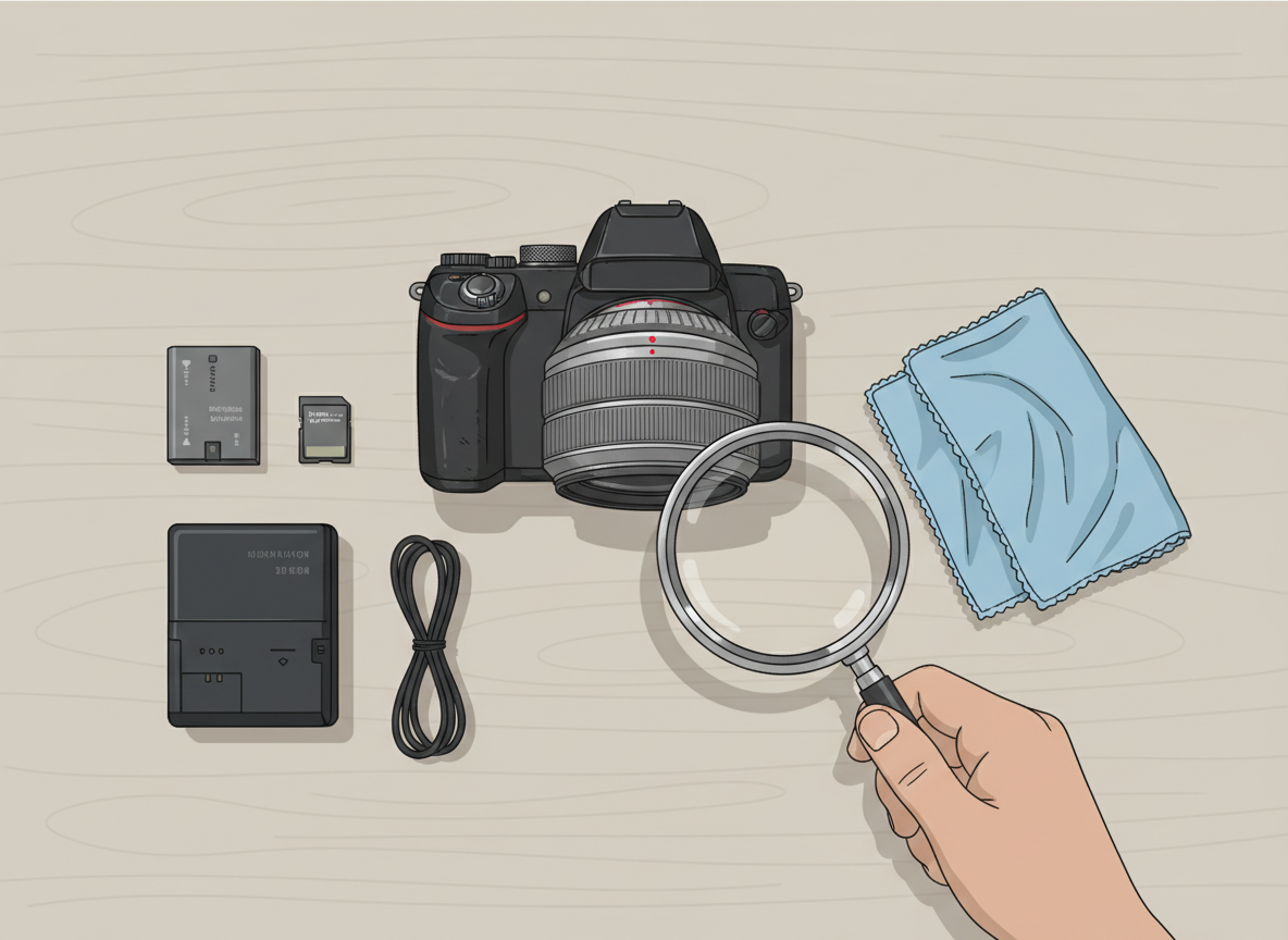 Used camera with battery, charger, memory card and cleaning tools
