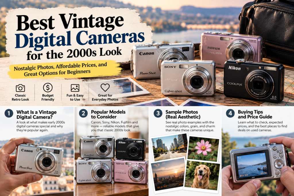 Illustration of vintage Canon, Sony, Nikon and Fujifilm compact digital cameras