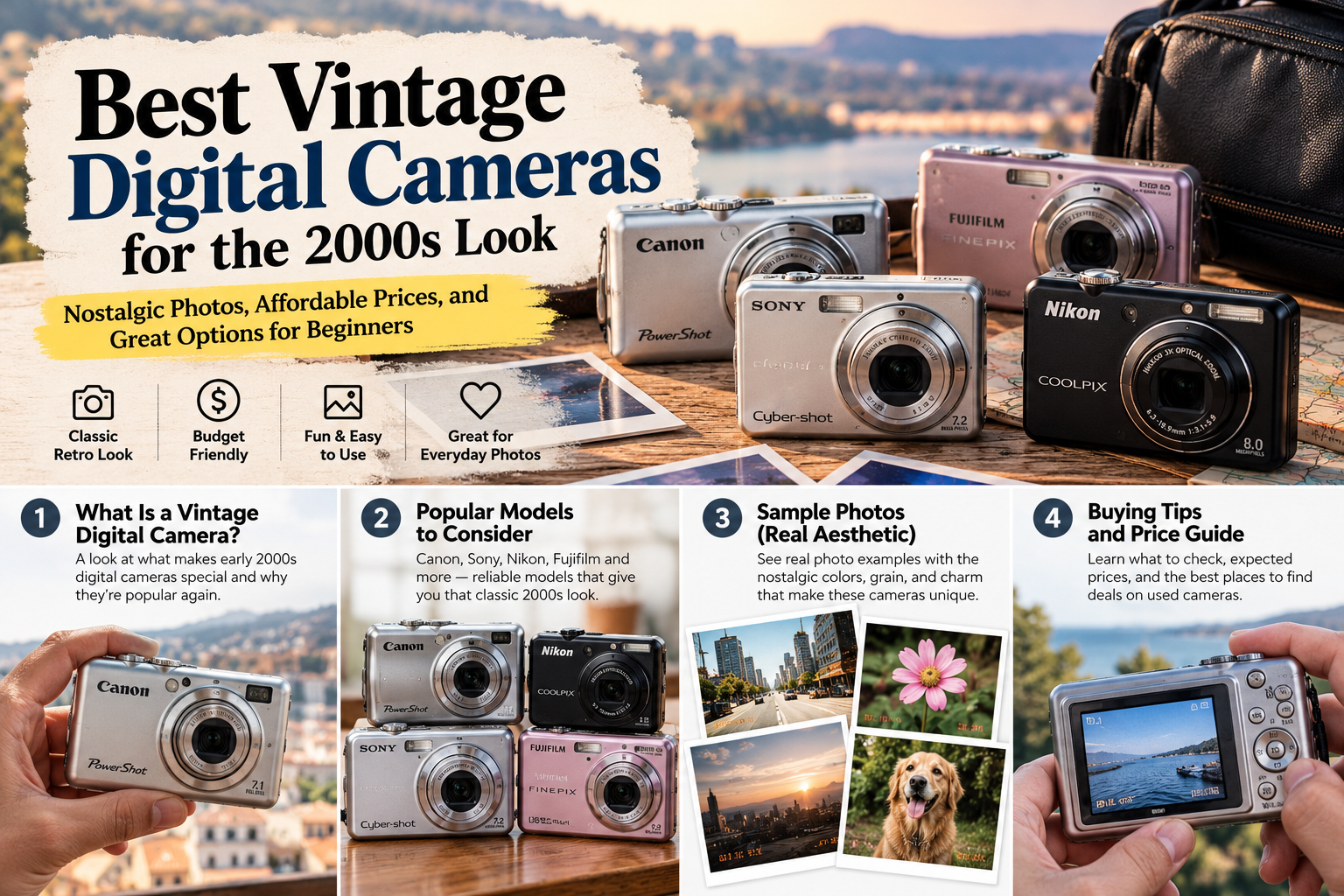 Illustration of vintage Canon, Sony, Nikon and Fujifilm compact digital cameras